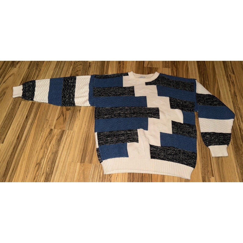 VTG Ashley Knit USA Sweater Men's XL Striped Blue‎ Black Ivory Cotton